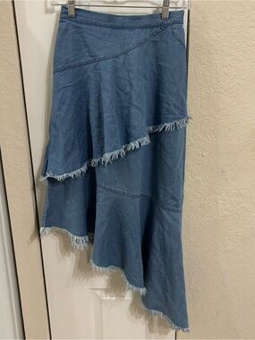 K/Lab Asymmetric Frayed Tiered Denim High Low Skirt